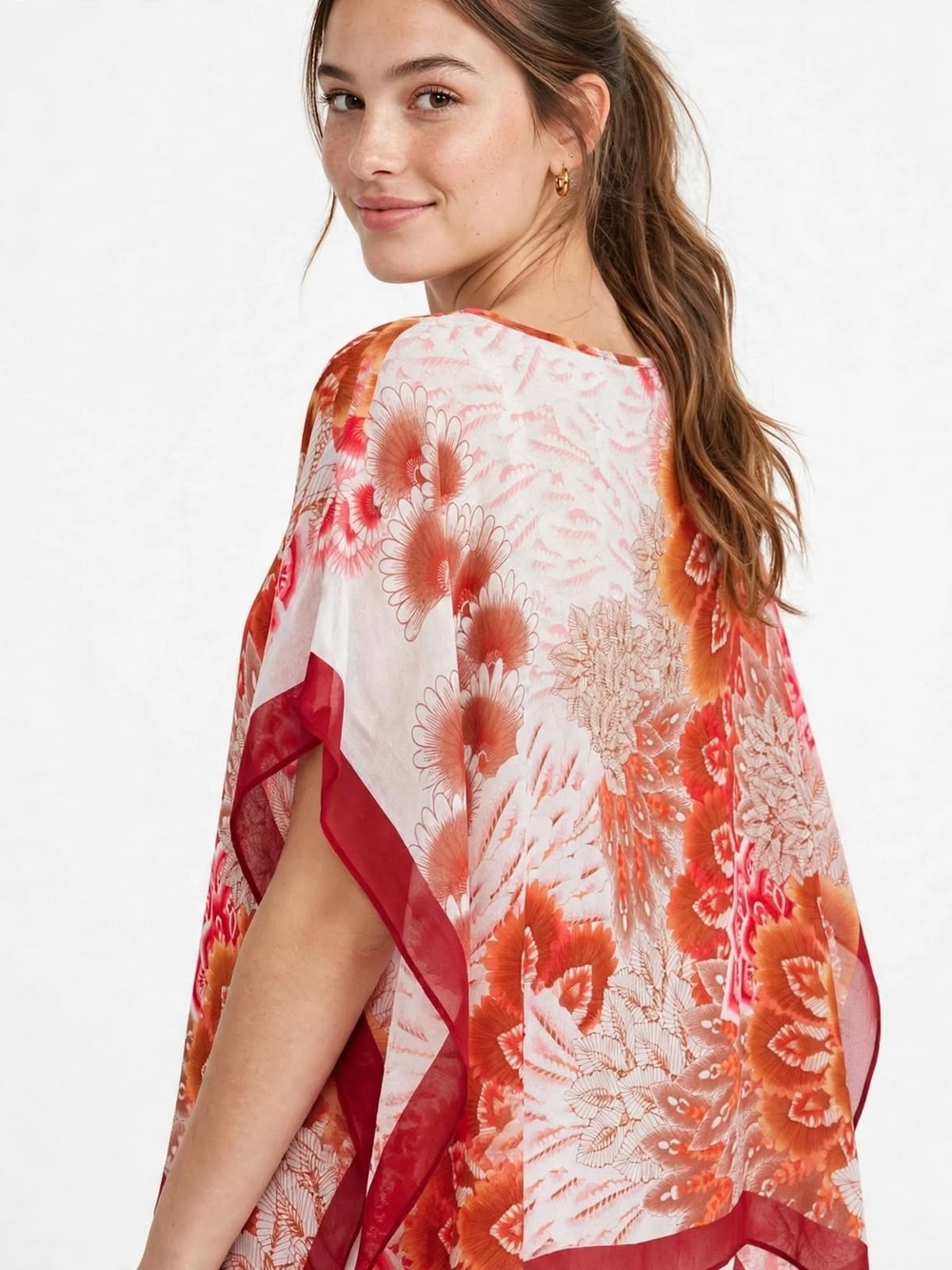 Chico's Floral Poncho Top S/M | Sheer Kimono Kaftan Coverup Beach Coral Orange